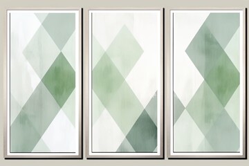 Triptych composed of green and gray geometric watercolor, generative artificial intelligence