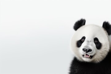 Naklejka premium Young baby panda bear on white background, copy space, banner, minimalistic. AI generated
