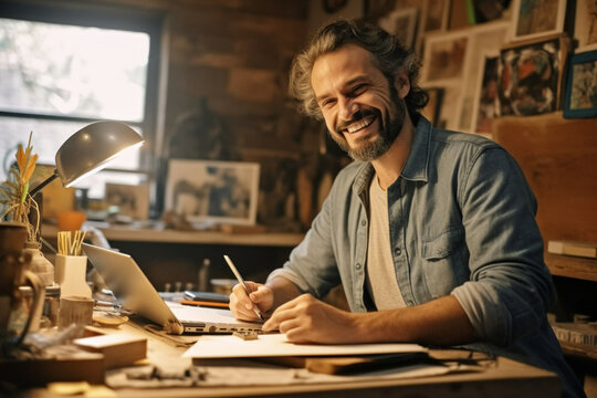 Smiling Artist Using Laptop At Table In Studio