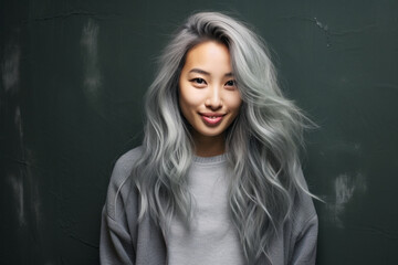 Beautiful asian with grey hair smiling standing near the wall
