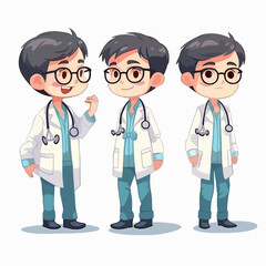 Fototapeta premium Doctor boy with medical attire, vector pose, young kid, cartoon style.
