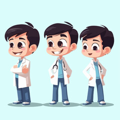 Fototapeta premium Doctor boy wearing medical gear, vector cartoon, young kid, multipose.