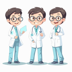Doctor kid in doctor's clothes, cartoon illustration, young boy, multipose.