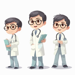 Fototapeta premium Cartoon of a boy in doctor outfit, vector illustration, little child, pose.