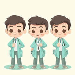 Obraz na płótnie Canvas Vector illustration of a young doctor boy, dressed for medicine, cartoon pose.
