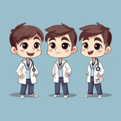 Fototapeta premium Boy in doctor costume, cartoon illustration, vector pose, little child.