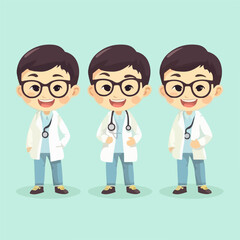 Fototapeta premium Cartoon boy doctor, dressed in medical attire, vector illustration, young child.
