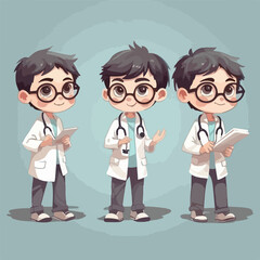 Boy in doctor costume, vector illustration, cartoon pose, young child.