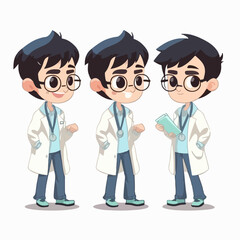 Fototapeta premium Doctor kid in doctor's uniform, cartoon illustration, young boy, multipose.