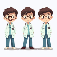 Doctor boy with medical attire, vector pose, young kid, cartoon style.