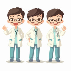 Cartoon boy dressed as a doctor, vector pose, young kid, cartoon style.
