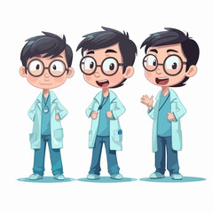 Vector illustration of a young doctor boy, dressed in a medical outfit, cartoon pose.