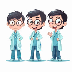 Fototapeta premium Vector illustration of a young doctor boy, dressed in a medical outfit, cartoon pose.