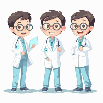 Doctor kid in doctor's clothes, cartoon illustration, young boy, multipose.