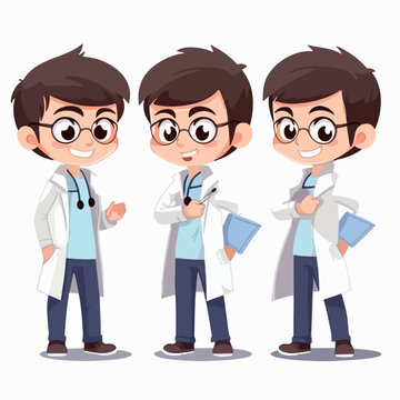 Doctor kid in medical attire, cartoon illustration, young boy, vector pose.