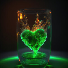 Glass of green tea, Glass of water on green background, The heart-shaped glass of water has liquid inside the glass, and the heart is immersed inside it.