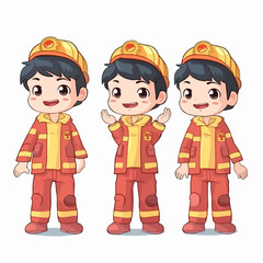 Firefighter boy with fire-resistant outfit, vector pose, little child, cartoon illustration.