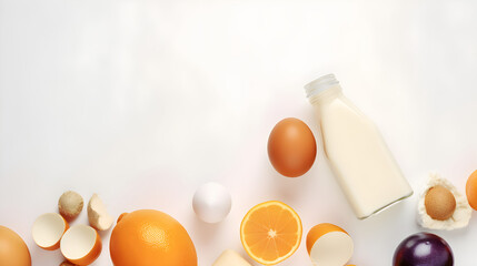 A minimalist arrangement of oranges, eggs, and milk cartons on a white surface, with a white background, showcasing the essence of food, proper empty space