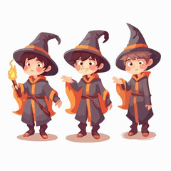 Vector illustration of a young wizard boy, dressed for magic, cartoon pose.