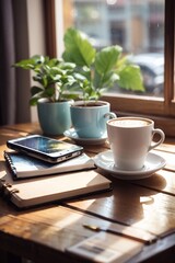 Comfortable coffee shop table setting with smartphone  on simple wooden table with a cup of hot coffee. and small potted plants soft natural light shining through a nearby window Create generative ai