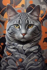 Portrait of a gray cat with abstract pattern, bored with the human world in the background.generative ai
