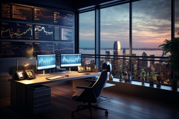 Modern office. Many monitors with financial data.  