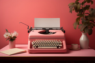 Vintage minimal interior next to a pink typewriter as a symbol of storytelling.  