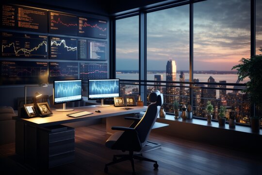 Modern office. Many monitors with financial data.