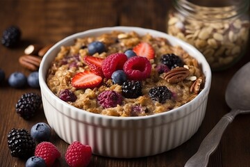 Bowl of granola with berries. Generative AI.