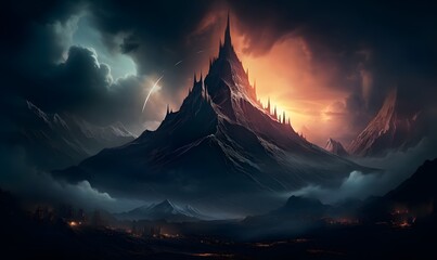 dark fantasy mountain landscape, fire in the hills, volcano eruption, made with generative ai