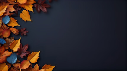 Naklejka na ściany i meble Brown Yellow Orange Navy Dry Autumn Leaves Frame Dark Background