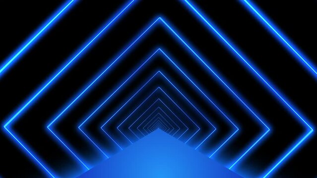 Neon blue laser lines square tunnel forward motion with rotation animation. Abstract technology background. Seamless loop. 4K footage