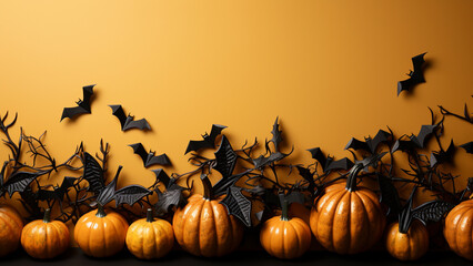 Halloween pumpkin with bats flying against a yellow background.