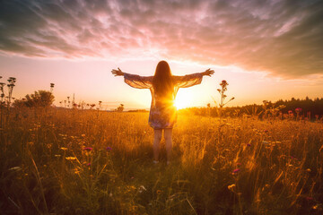 Happy woman standing with her back on sunset in nature iwith open hands