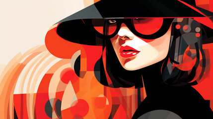 stylish woman in a hat and glasses in a palette of black and red on an abstract illustration in retro seventies style. Generative Ai. 