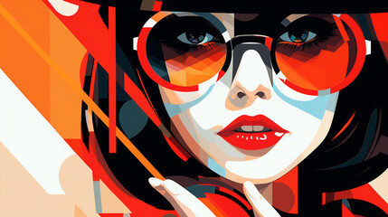beautiful woman wearing glasses in bright red-orange hues, abstract illustration in retro seventies style. Generative Ai. 