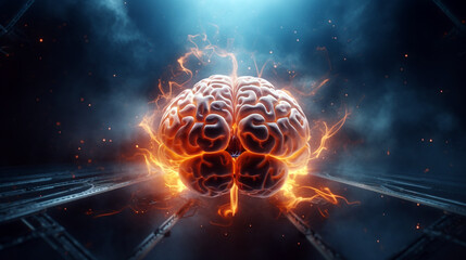 human brain on fire on black futuristic background, Brainstorming concept. Generative Ai. 