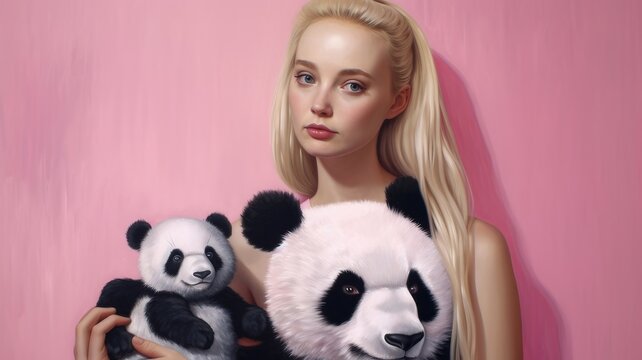 blonde in pink plays with a panda
