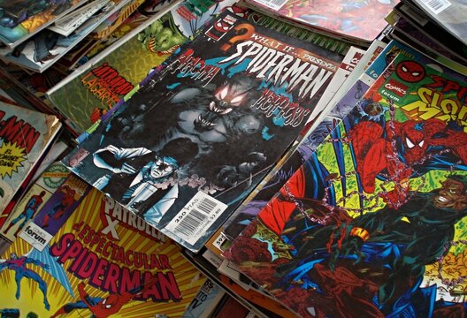 Historic Spiderman comics on a car boot sale