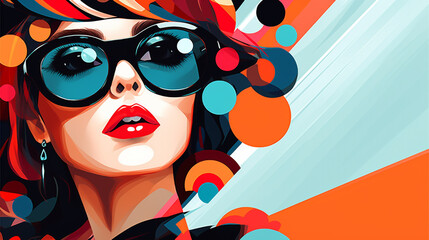 bright abstract illustration in retro style woman close-up with glasses. Generative Ai. 