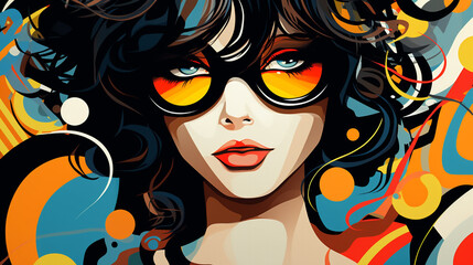 multi-colored illustration with a girl in glasses on an abstract background. Generative Ai. 