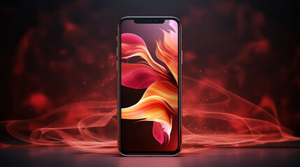 smartphone standing on the background of abstract burgundy bedspread, advertising illustration. Generative Ai. 