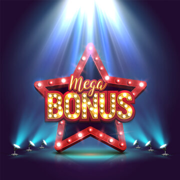 Shining sign Mega Bonus with retro star on a bright background. Vector illustration.