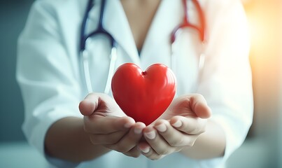 Doctor's hand holding a red heart shape in a hospital. love, donor, world heart day, health,insurance concept. ai generative