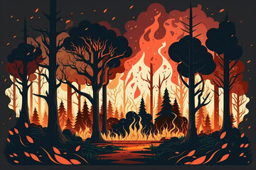 Generative AI. Fire night. Flat vector illustration of dangerous forest fires in mountain area. Fire flame and burning trees concept. Woodland eco banner.