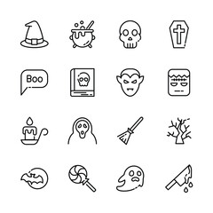 Halloween event  thin line icons set,  example sign of horror,  pumpkin, ghost, skull, trick or treat. vector illustration