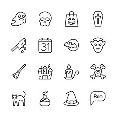 Halloween event  thin line icons set,  example sign of horror,  pumpkin, ghost, skull, trick or treat. vector illustration