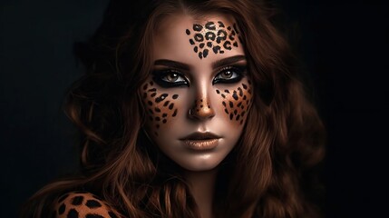 Leopard makeup of girl. Generative AI