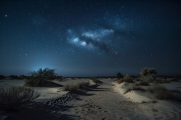 Generative AI. Desert at night, Sharjah, Milky Way. night image with brilliant stars in the middle of the desert. An awe night sky view with our galaxy arm creating an arch in between the stars.