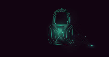 Cyber security concept. Lock symbol. Padlock with maze, Labyrinth. Fingerprint. Low polygonal and wireframe from dots and lines. Vector illustration